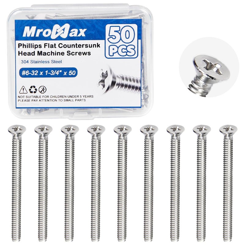 MroMax 50Pcs #6-32 Extra Long Outlet Screws, #6-32 x 1-3/4" 304 Stainless Steel Long Electrical Outlet Machine Screws, Silver Phillips Flat Head Countersunk Mounting Screws - Image 1